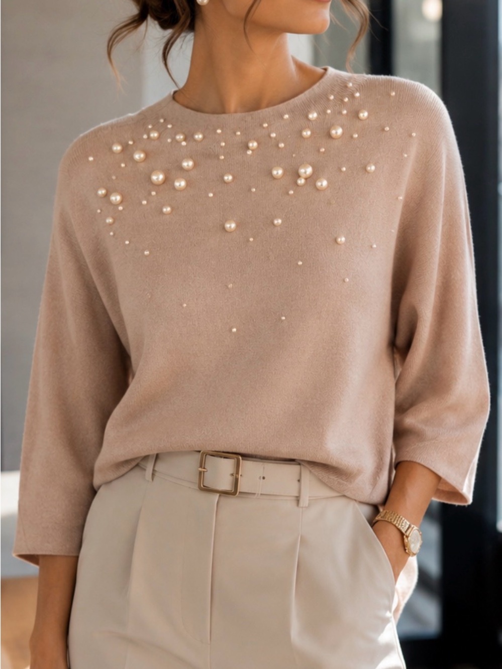 Catherine Malandrino Pearl-Embellished Blush Beige Sweater Top